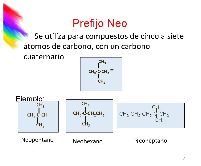 Prefijo Neo Se utiliza para compuestos de cinco a siete átomos de carbono, con