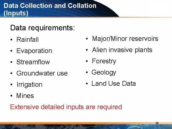 Data Collection and Collation (Inputs) Data requirements: • Rainfall • Major/Minor reservoirs • Evaporation