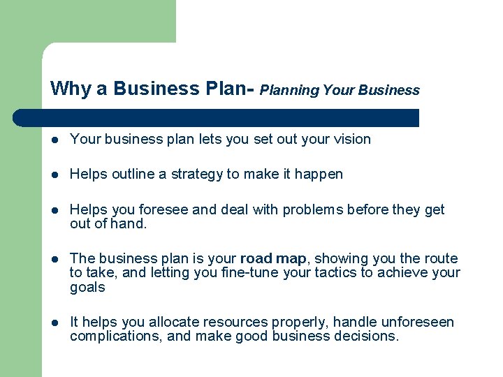 Why a Business Planl Planning Your Business Your business plan lets you set out