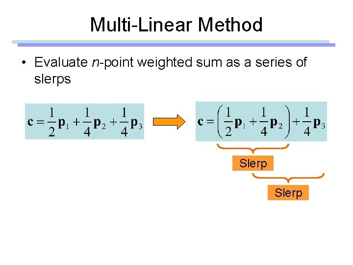 Multi-Linear Method • Evaluate n-point weighted sum as a series of slerps Slerp 