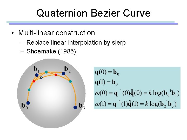 Quaternion Bezier Curve • Multi-linear construction – Replace linear interpolation by slerp – Shoemake