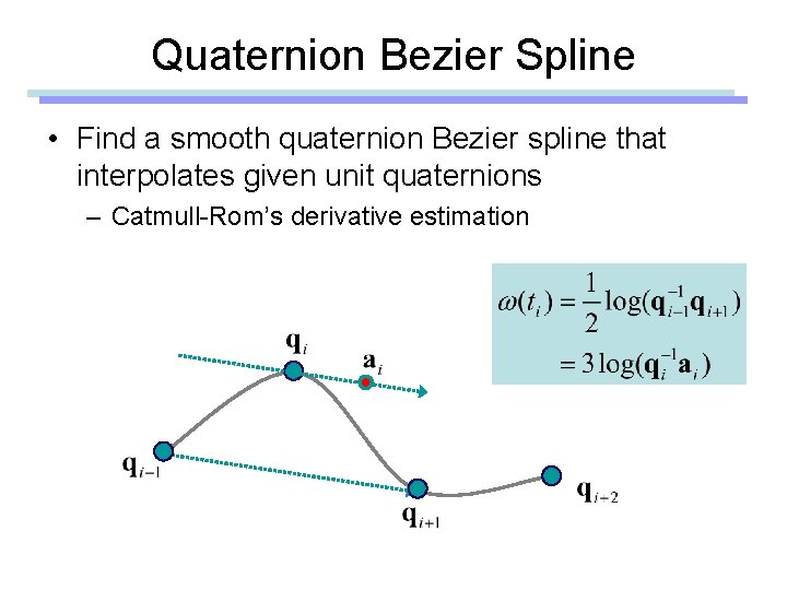 Quaternion Bezier Spline • Find a smooth quaternion Bezier spline that interpolates given unit