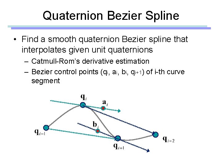 Quaternion Bezier Spline • Find a smooth quaternion Bezier spline that interpolates given unit