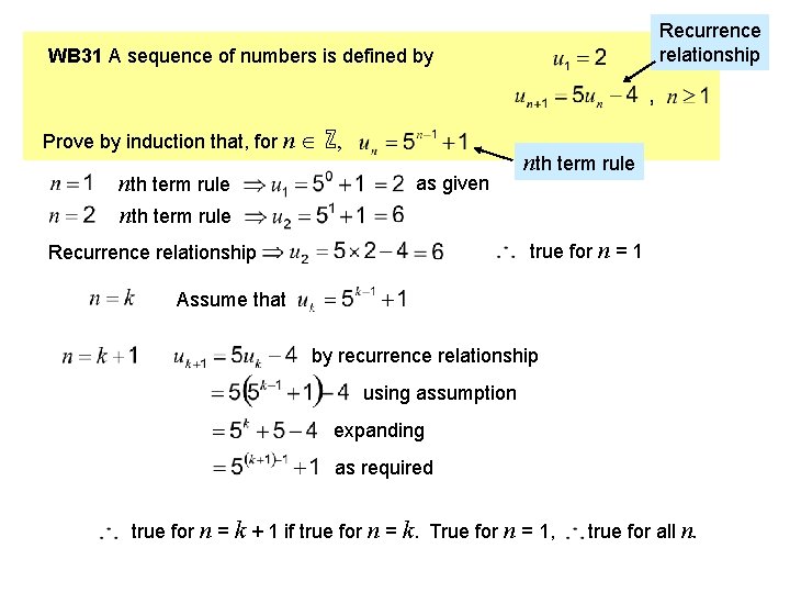 Recurrence relationship WB 31 A sequence of numbers is defined by Prove by induction