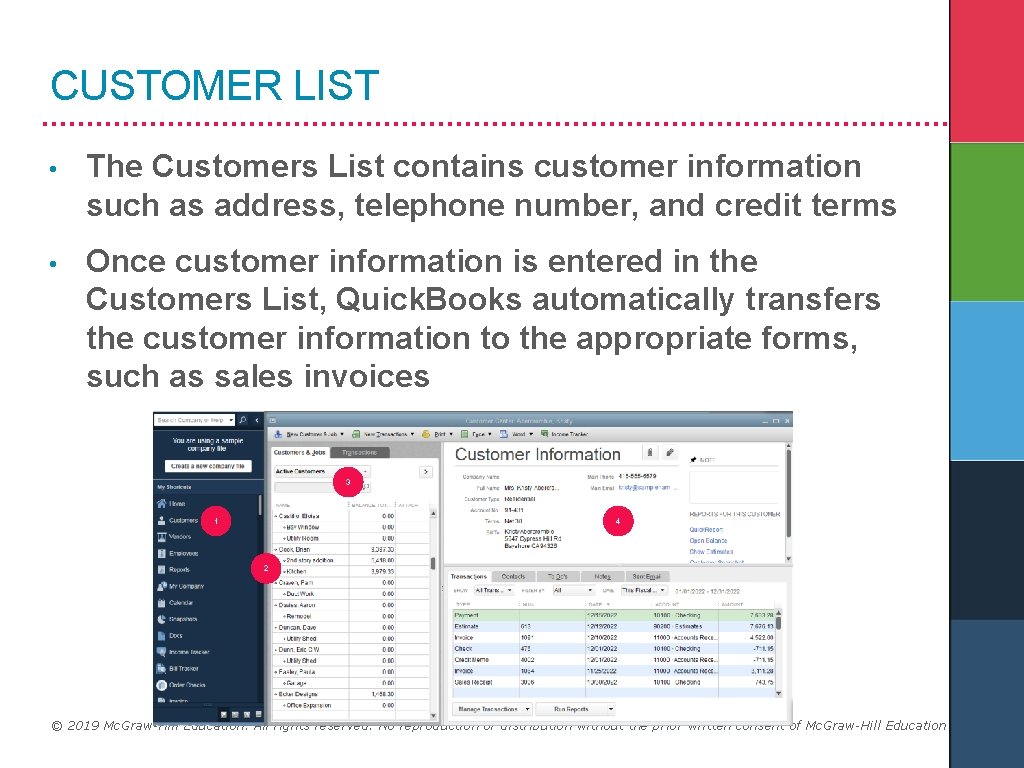 CUSTOMER LIST • The Customers List contains customer information such as address, telephone number,