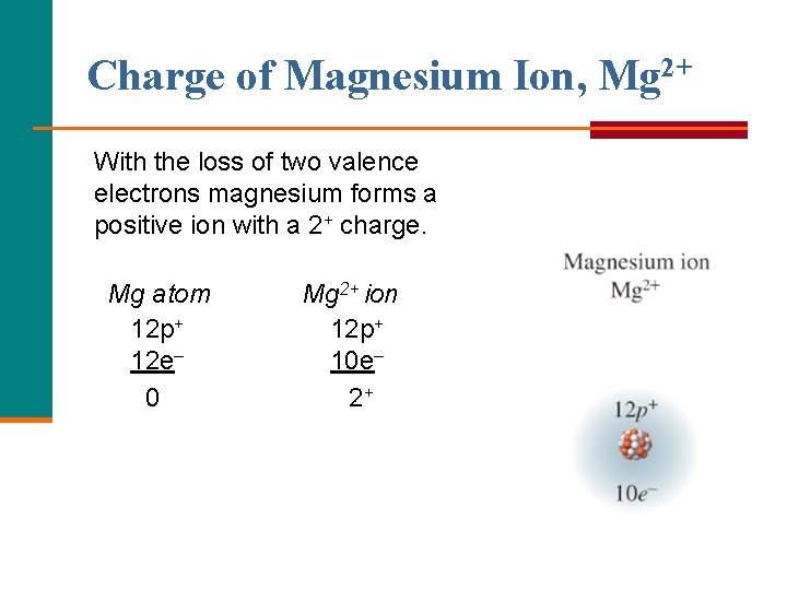 Charge of Magnesium Ion, Mg 2+ With the loss of two valence electrons magnesium