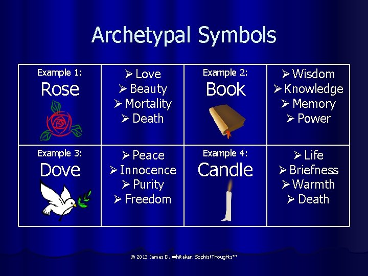 Archetypal Symbols Example 1: Ø Love Ø Beauty Ø Mortality Ø Death Example 2: