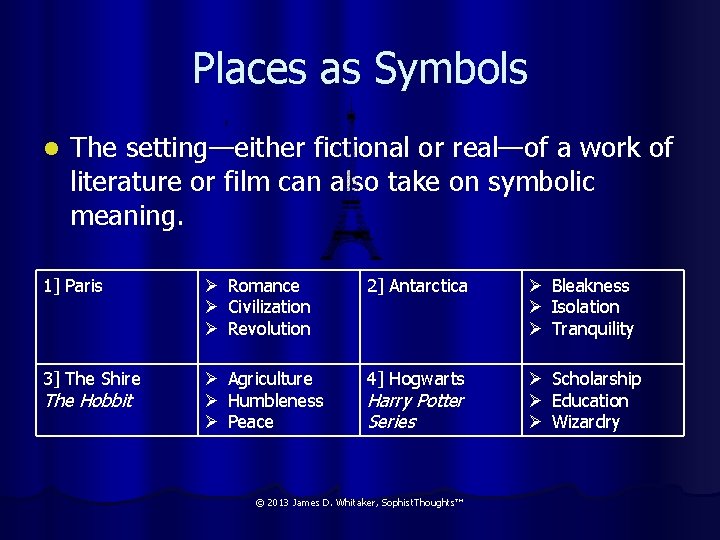 Places as Symbols l The setting—either fictional or real—of a work of literature or