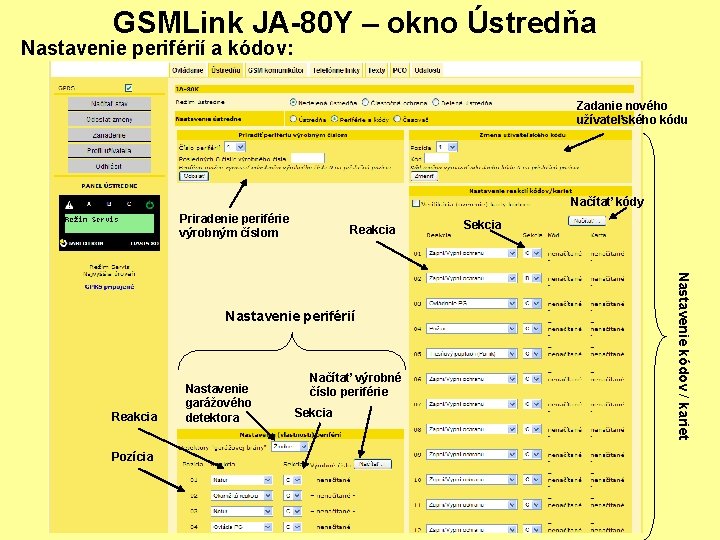 GSMLink JA-80 Y – okno Ústredňa Nastavenie periférií a kódov: Zadanie nového užívateľského kódu