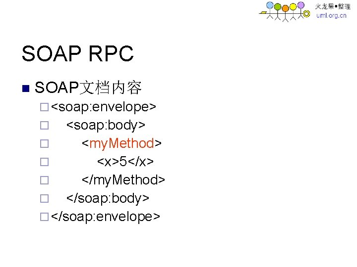 SOAP RPC n SOAP文档内容 ¨ <soap: envelope> <soap: body> ¨ <my. Method> ¨ <x>5</x>