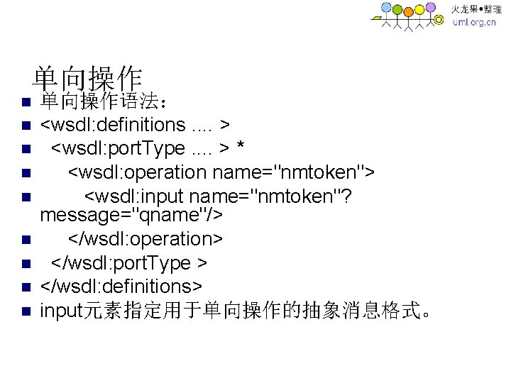 单向操作 n n n n n 单向操作语法： <wsdl: definitions. . > <wsdl: port. Type.