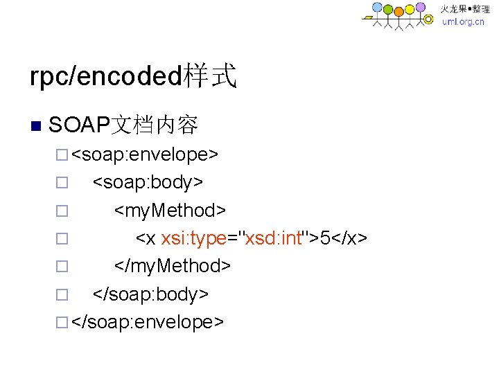 rpc/encoded样式 n SOAP文档内容 ¨ <soap: envelope> <soap: body> ¨ <my. Method> ¨ <x xsi: