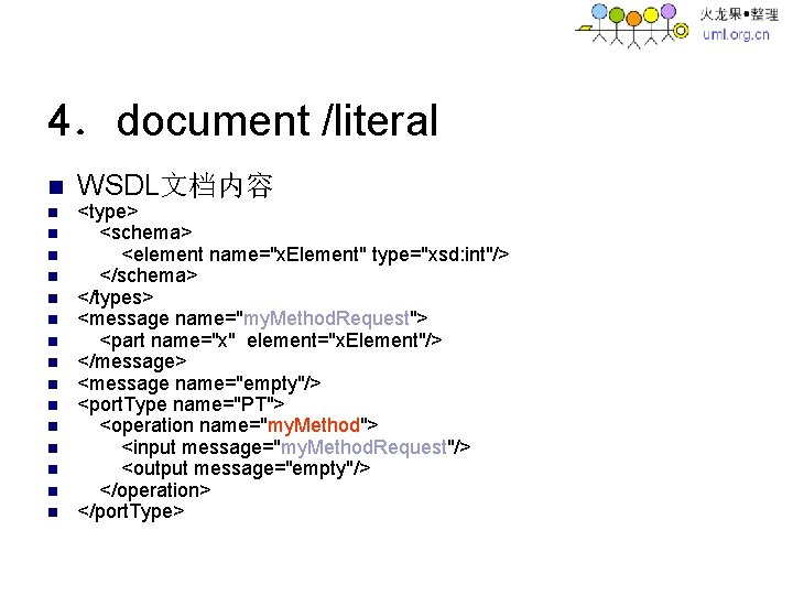 4．document /literal n n n n WSDL文档内容 <type> <schema> <element name="x. Element" type="xsd: int"/>