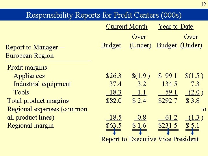 19 Responsibility Reports for Profit Centers (000 s) Report to Manager— European Region Profit