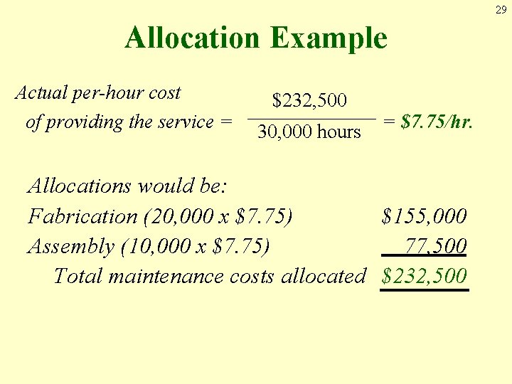 29 Allocation Example Actual per-hour cost of providing the service = $232, 500 30,