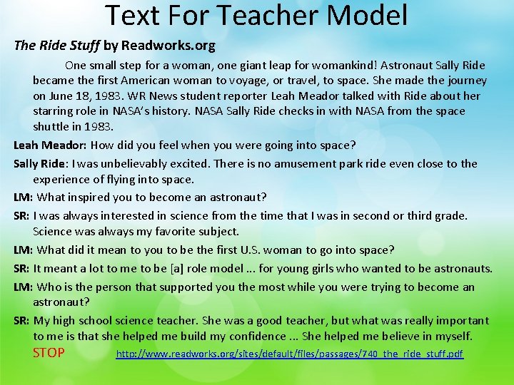 Text For Teacher Model The Ride Stuff by Readworks. org One small step for