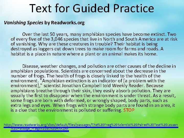 Text for Guided Practice Vanishing Species by Readworks. org Over the last 50 years,