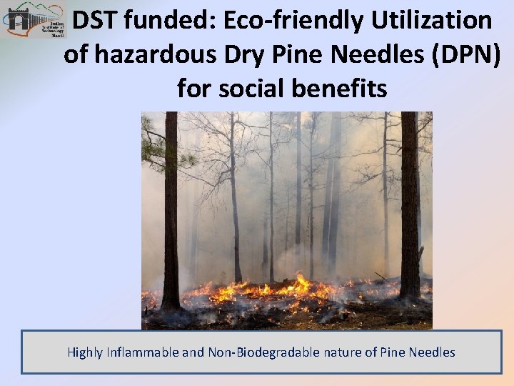 DST funded: Eco-friendly Utilization of hazardous Dry Pine Needles (DPN) for social benefits Highly