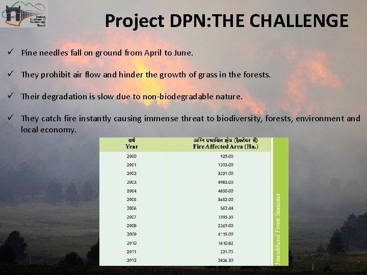 Project DPN: THE CHALLENGE ü Pine needles fall on ground from April to June.