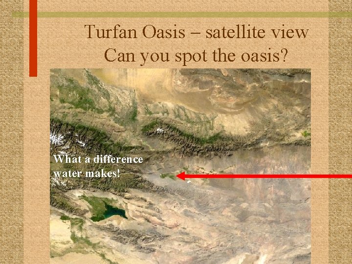 Turfan Oasis – satellite view Can you spot the oasis? What a difference water
