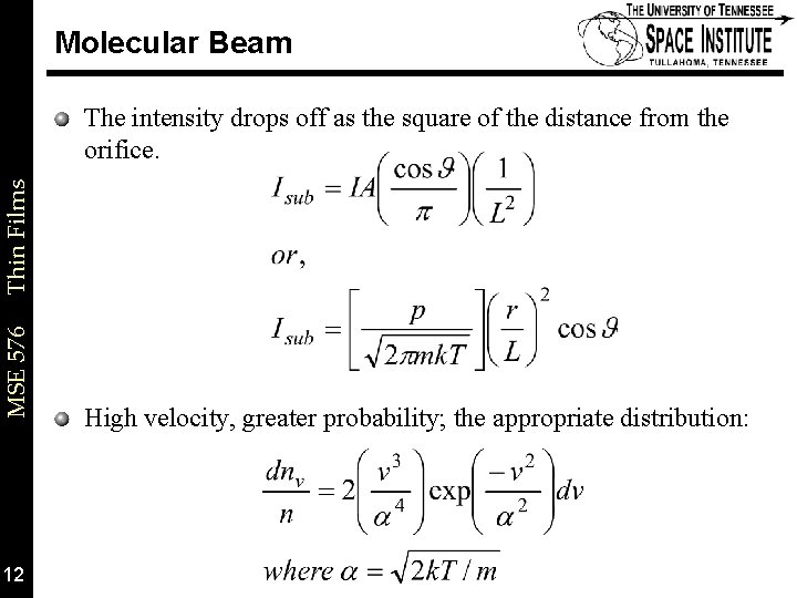 Molecular Beam MSE 576 Thin Films The intensity drops off as the square of