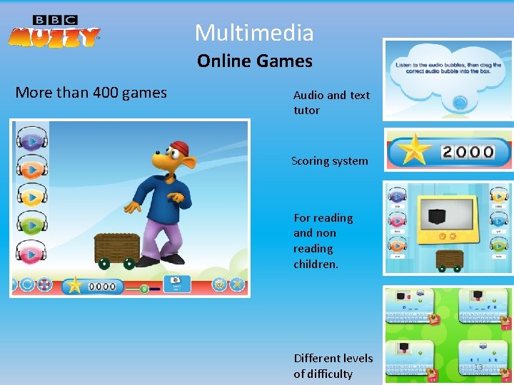 Multimedia Online Games More than 400 games Audio and text tutor Scoring system For