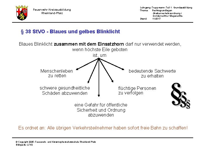 Lehrgang: Truppmann -Teil 1 - Grundausbildung Thema: Rechtsgrundlagen -Straßenverkehrsordnung / Sonderrechte / Wegerechte. Stand: