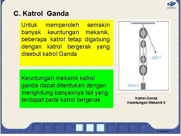 C. Katrol Ganda Untuk memperoleh semakin banyak keuntungan mekanik, beberapa katrol tetap digabung dengan