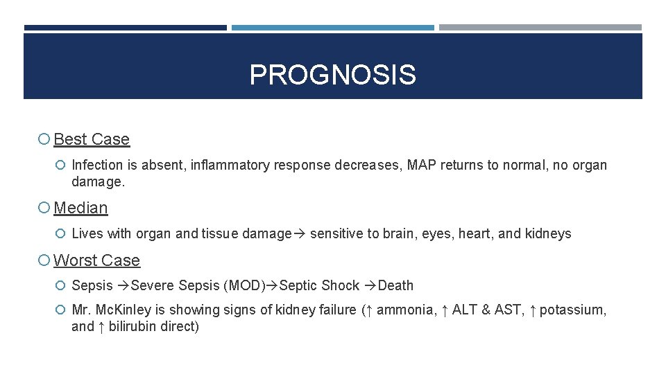 PROGNOSIS Best Case Infection is absent, inflammatory response decreases, MAP returns to normal, no