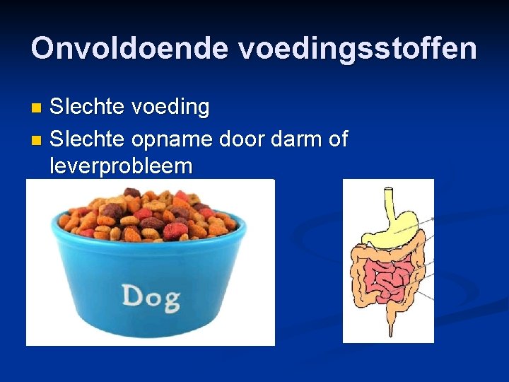 Onvoldoende voedingsstoffen Slechte voeding n Slechte opname door darm of leverprobleem n 