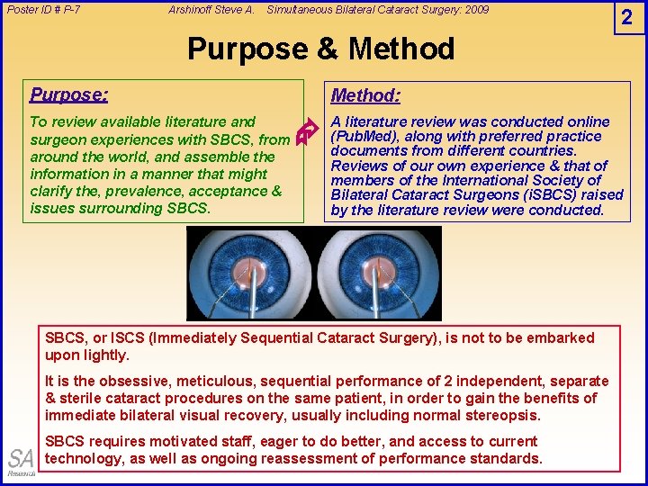 Poster ID # P-7 Arshinoff Steve A. Simultaneous Bilateral Cataract Surgery: 2009 2 Purpose