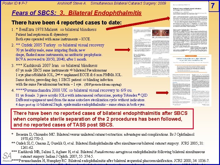 Poster ID # P-7 Arshinoff Steve A. Simultaneous Bilateral Cataract Surgery: 2009 Fears of