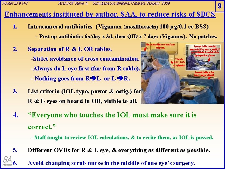 Poster ID # P-7 Arshinoff Steve A. Simultaneous Bilateral Cataract Surgery: 2009 Enhancements instituted