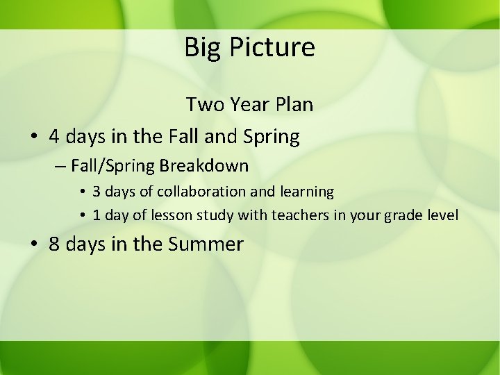 Big Picture Two Year Plan • 4 days in the Fall and Spring –