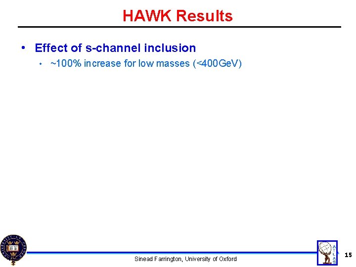 HAWK Results • Effect of s-channel inclusion • ~100% increase for low masses (<400
