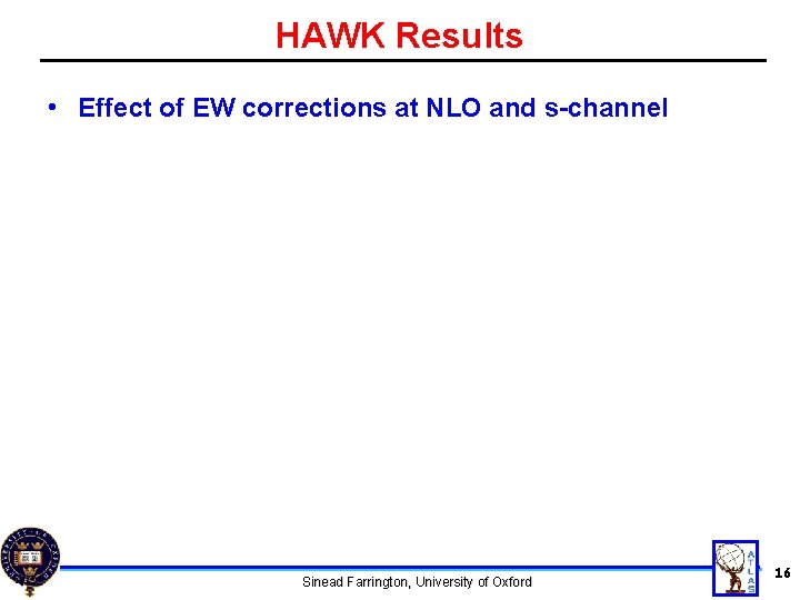 HAWK Results • Effect of EW corrections at NLO and s-channel Sinead Farrington, University