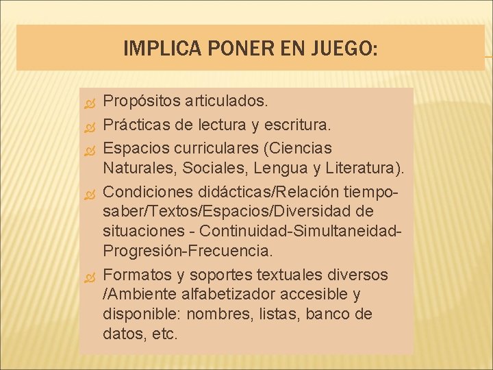 IMPLICA PONER EN JUEGO: Propósitos articulados. Prácticas de lectura y escritura. Espacios curriculares (Ciencias