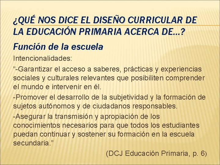 ¿QUÉ NOS DICE EL DISEÑO CURRICULAR DE LA EDUCACIÓN PRIMARIA ACERCA DE…? Función de