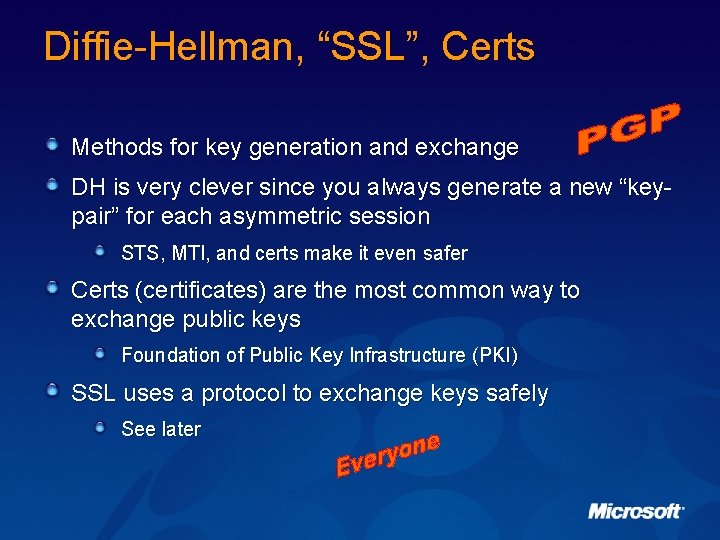 Diffie-Hellman, “SSL”, Certs Methods for key generation and exchange DH is very clever since