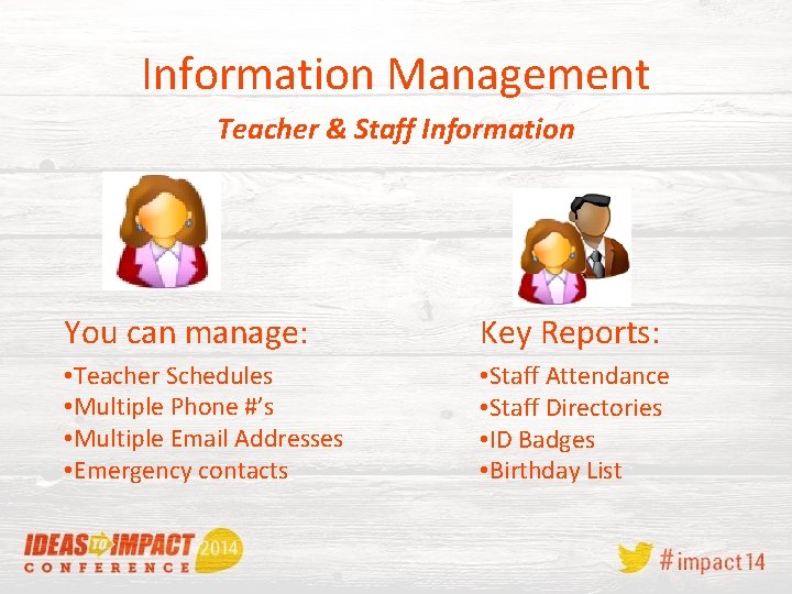 Information Management Teacher & Staff Information You can manage: Key Reports: • Teacher Schedules