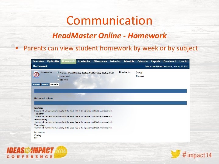 Communication Head. Master Online - Homework • Parents can view student homework by week