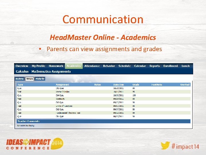 Communication Head. Master Online - Academics • Parents can view assignments and grades 