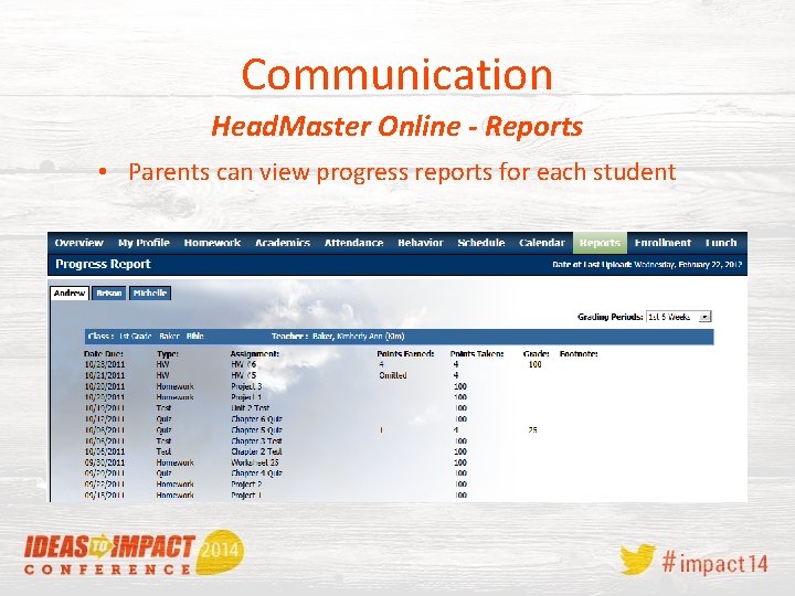 Communication Head. Master Online - Reports • Parents can view progress reports for each