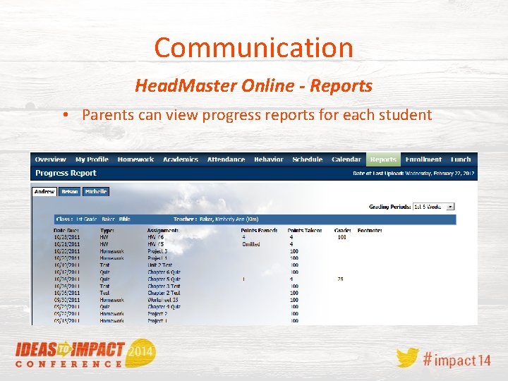 Communication Head. Master Online - Reports • Parents can view progress reports for each