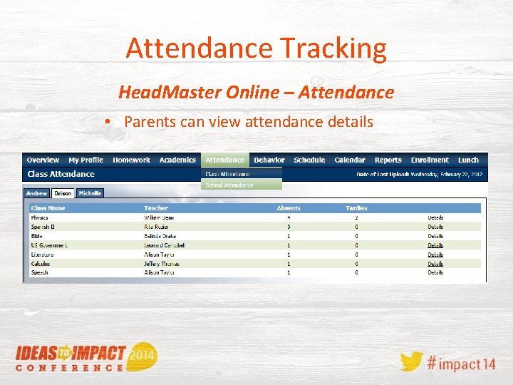 Attendance Tracking Head. Master Online – Attendance • Parents can view attendance details 