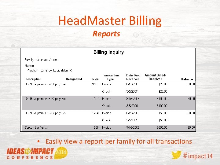 Head. Master Billing Reports • Easily view a report per family for all transactions