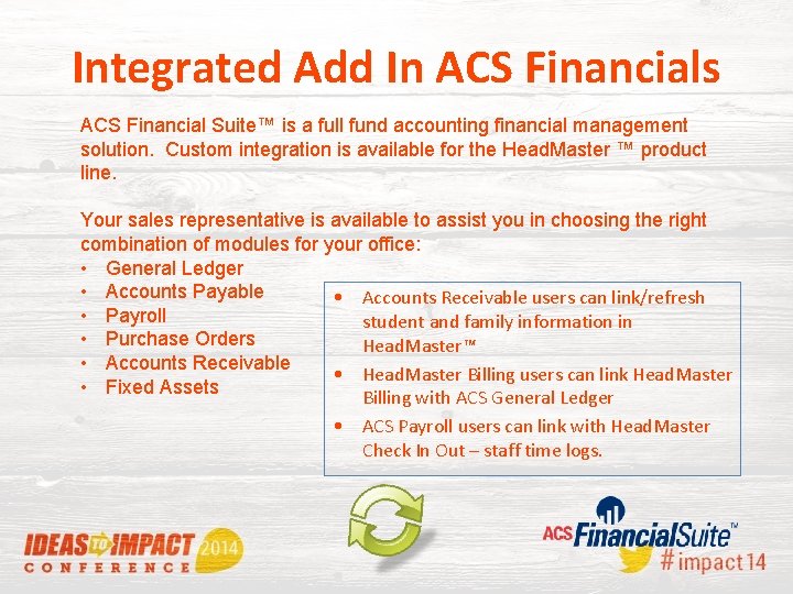 Integrated Add In ACS Financials ACS Financial Suite™ is a full fund accounting financial