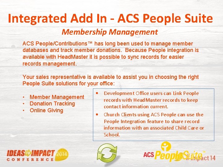 Integrated Add In - ACS People Suite Membership Management ACS People/Contributions™ has long been