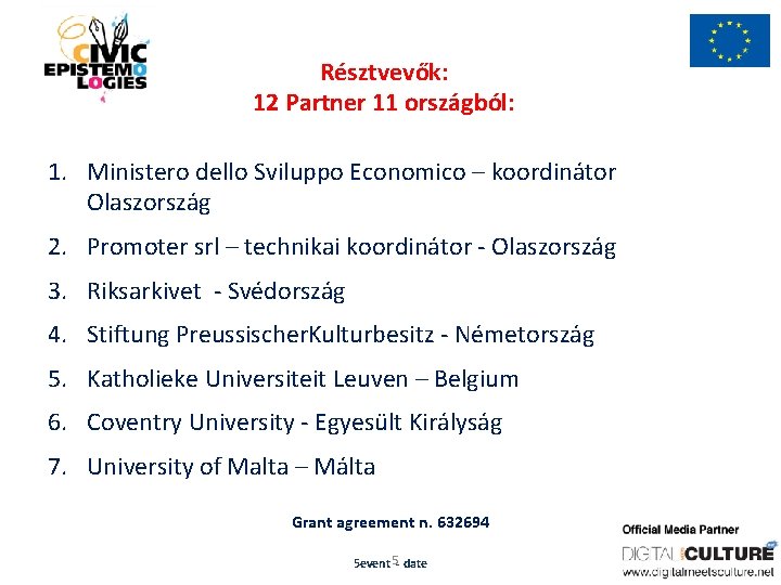 Résztvevők: 12 Partner 11 országból: 1. Ministero dello Sviluppo Economico – koordinátor Olaszország 2.