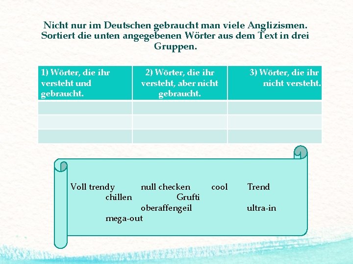 Nicht nur im Deutschen gebraucht man viele Anglizismen. Sortiert die unten angegebenen Wörter aus